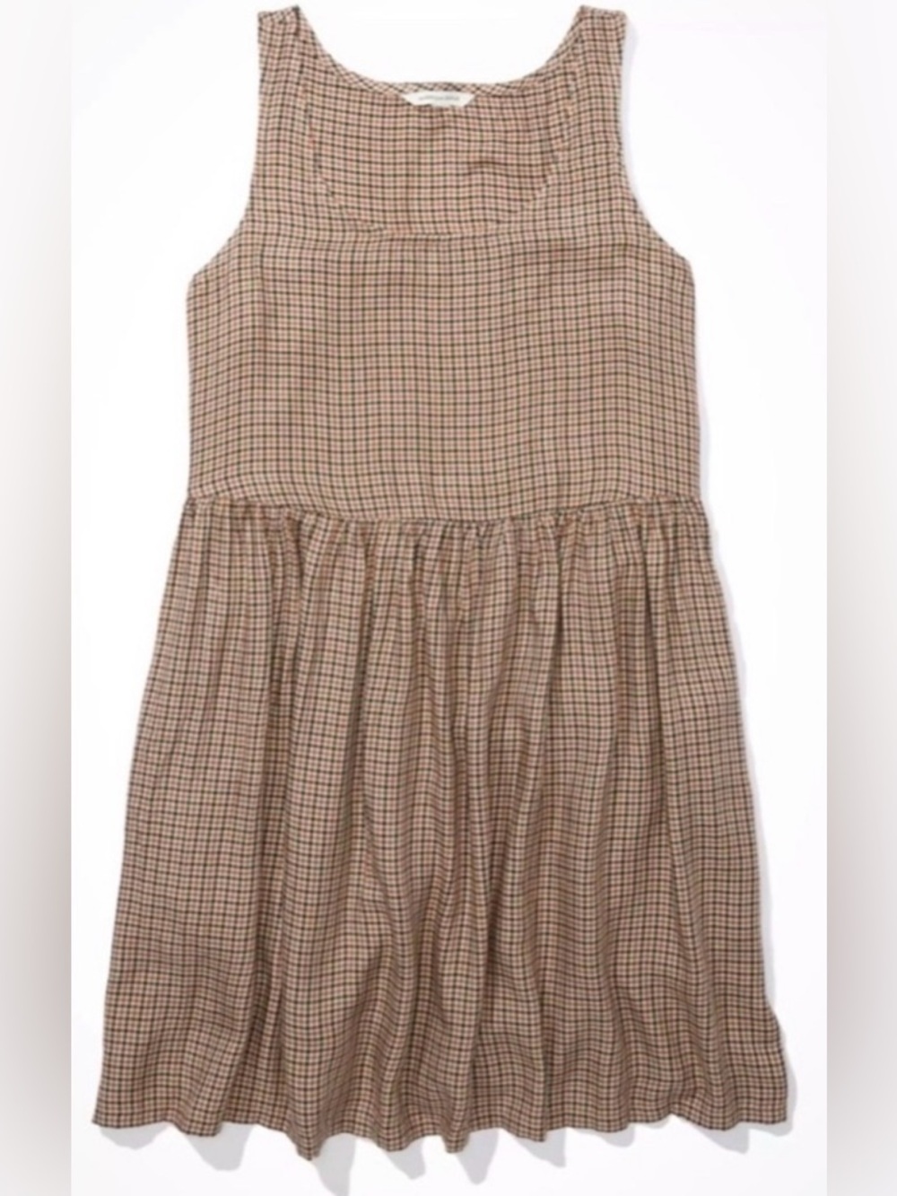 Plaid Babydoll Sleeveless Dress Pockets Brown Tan Neutral Academia Cottagecore - Picture 3 of 8